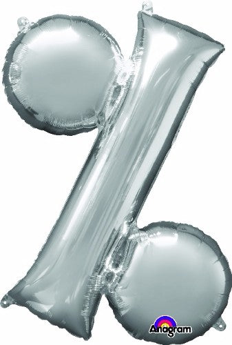 Silver 91cm percentage symbol foil balloon, perfect for celebrations with helium-saving technology and easy self-sealing inflation.