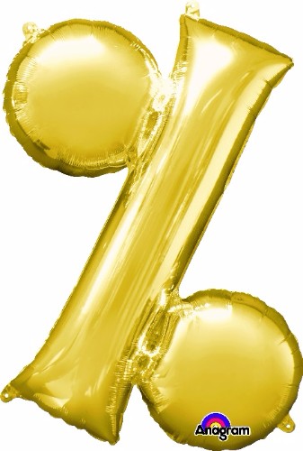 Gold 91cm % percentage symbol foil balloon, perfect for celebrations and lasting longer with helium saver technology.