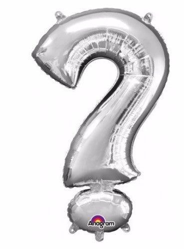 91cm silver question mark foil balloon, perfect for gender reveals and celebrations, self-sealing for easy inflation.