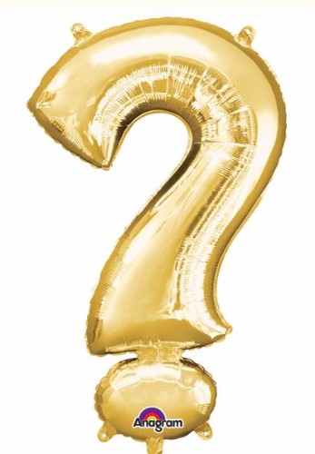 Gold 91cm question mark foil balloon, perfect for gender reveals and celebrations, self-sealing, helium-saving design.