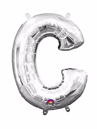 Shiny silver Letter C megaloon foil balloon, 40cm, self-sealing, air-filled, includes straw for easy inflation.