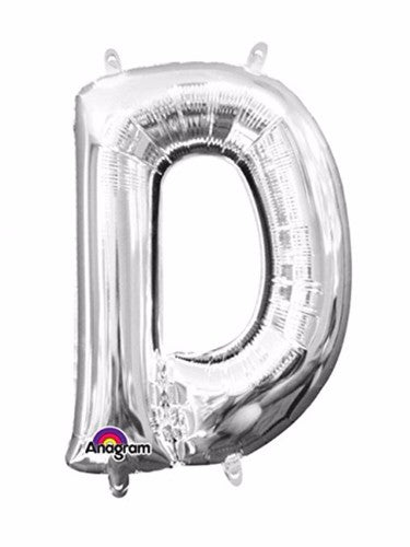 Letter D Silver Megaloon 40cm foil balloon, perfect for parties, self-sealing, air-filled, includes straw for easy inflation.