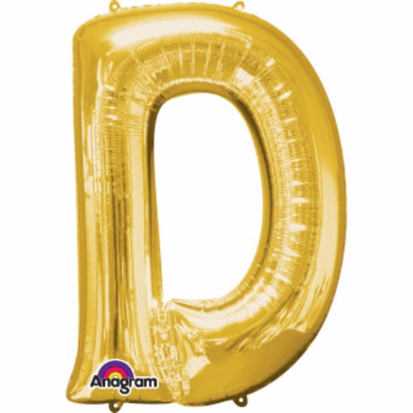 40cm gold Letter D Megaloon foil balloon, perfect for parties, self-sealing, air-filled, includes straw for easy inflation.