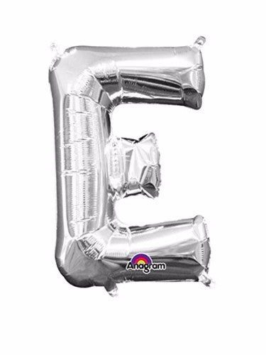 Silver letter E foil balloon, 40cm, self-sealing, air-filled, includes straw for easy inflation.