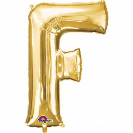 Gold Letter F Megaloon Foil Balloon, 40cm, self-sealing and air-filled, includes straw for easy inflation.
