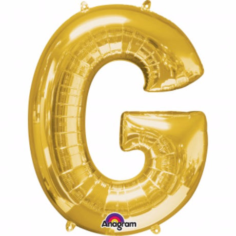 Gold Letter G Megaloon foil balloon, 40cm, self-sealing, perfect for themed parties and celebrations. Air fill only.