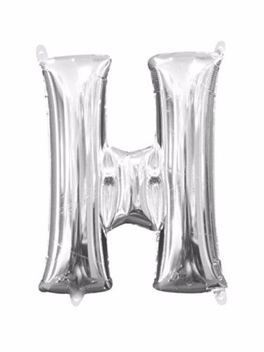 Shiny 40cm silver Letter H foil balloon, perfect for celebrations and easy to self-inflate with included straw.