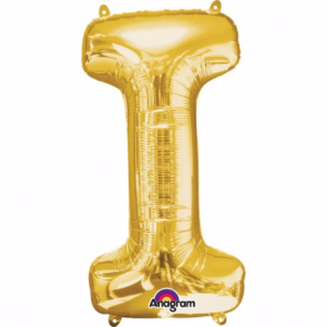 Gold Letter I Megaloon foil balloon, 40cm, self-sealing, perfect for birthdays and special occasions.