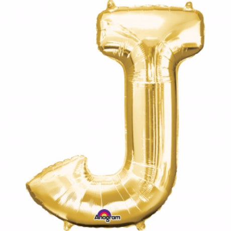 Gold Letter J Megaloon balloon, 40cm, perfect for celebrations, self-sealing, air-filled, and includes a straw for easy inflation.