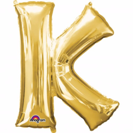 Gold Letter K Megaloon Foil Balloon, 40cm, self-sealing for birthdays, weddings, and decor accents.