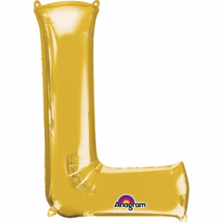 Gold Letter L Megaloon Foil Balloon, 40cm, perfect for elegant celebrations and easy air inflation with included straw.