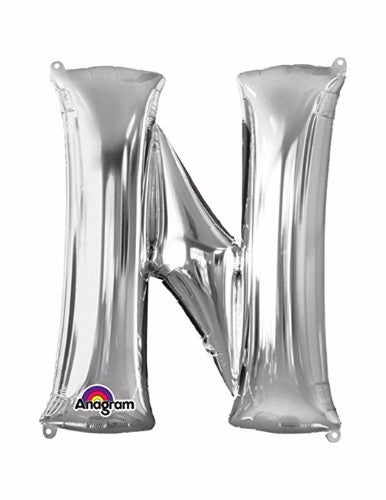 40cm silver Letter N megaloon foil balloon, self-sealing, air-filled, includes straw for self-inflation.