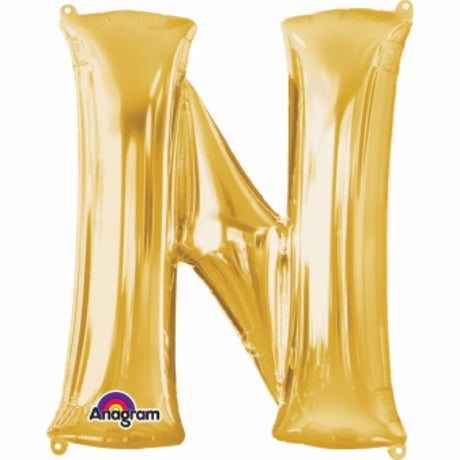 Shiny gold foil balloon shaped like the letter N, 40cm, self-sealing and air-filled with straw for inflation.