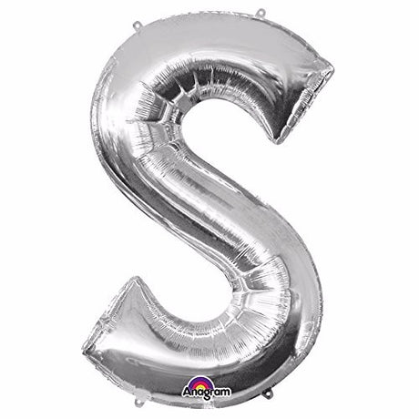 Silver Letter S Megaloon foil balloon, 40cm, perfect for personalizing celebrations with elegance and sparkle.
