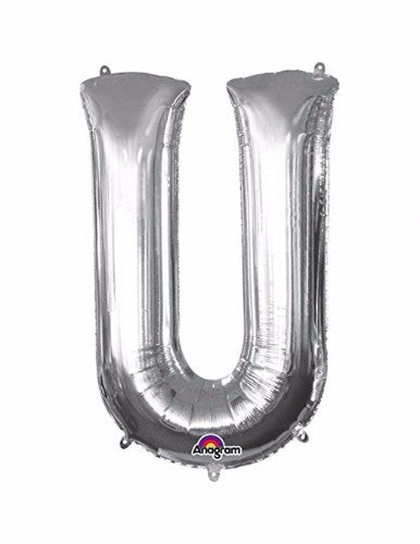 40cm silver Letter U meg balloon, perfect for parties and events, self-sealing and easy to inflate with included straw.
