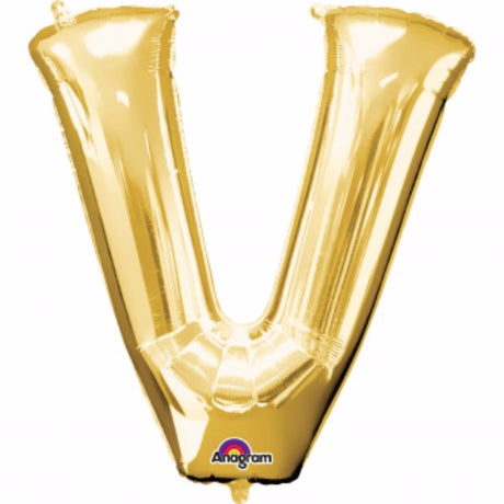 Gold Letter V Megaloon Balloon, 40cm, self-sealing foil, ideal for celebrations and party decor.