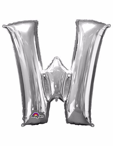 Shiny 40cm Silver Letter W Megaloon Balloon for celebrations; self-inflating with straw, perfect for parties and photo booths.