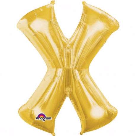 Gold Letter X Megaloon Foil Balloon, 40cm, perfect for elegant celebrations and easy self-inflation with included straw.