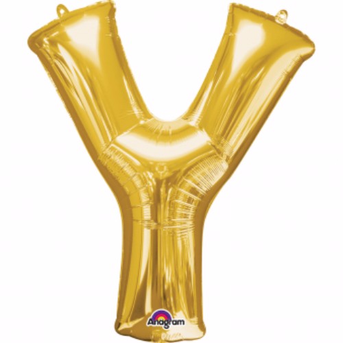 Gold Y-shaped megaloon foil balloon, 40cm, self-sealing, air-filled, includes straw for easy inflation.