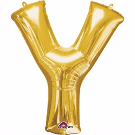 Gold Y-shaped megaloon foil balloon, 40cm, self-sealing, air-filled, includes straw for easy inflation.
