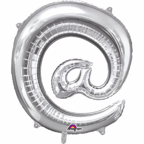 Silver 40cm @ symbol foil balloon, perfect for digital-themed parties and celebrations, includes straw for easy self-inflation.