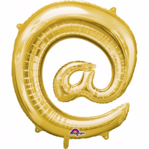 Gold 40cm foil balloon in '@' shape, self-inflating with straw, perfect for parties and digital-themed events.
