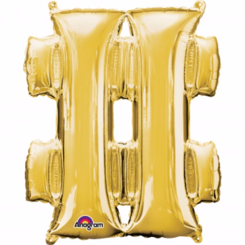 Gold 40cm foil balloon in hashtag shape, perfect for social media-themed celebrations and easy to self-inflate.