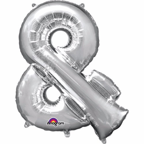 40cm silver foil balloon in shape of ampersand, perfect for celebrations and easy self-inflation with included straw.