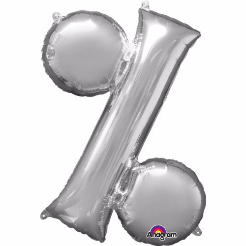 Silver 40cm foil balloon shaped like a percentage symbol, perfect for birthdays and milestones, self-sealing, air-filled.