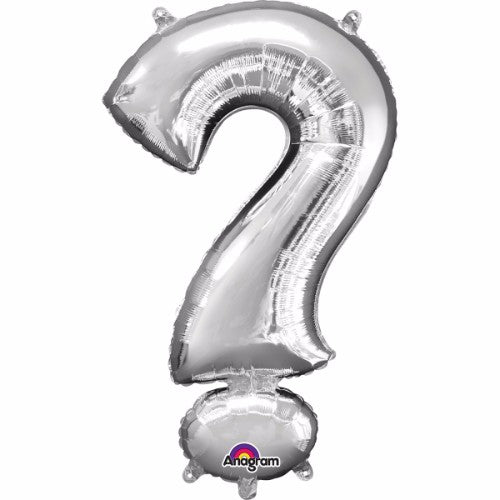 40cm silver question mark foil balloon, perfect for celebrations and easy self-inflation with included straw.