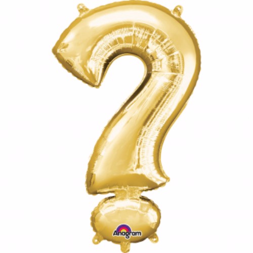Gold 40cm foil balloon in a question mark shape, ideal for parties and celebrations, features self-sealing design and straw for easy inflation.