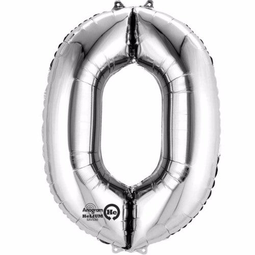 Number Zero Silver Megaloon 40cm foil balloon, air-filled, self-sealing with straw for easy inflation.
