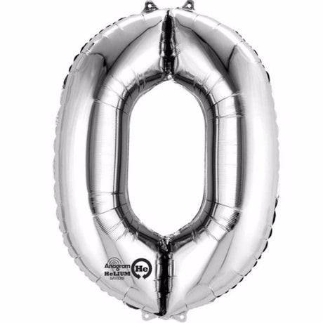 Number Zero Silver Megaloon 40cm foil balloon, air-filled, self-sealing with straw for easy inflation.