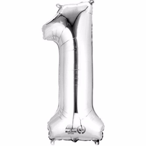 Silver 40cm Number One Megaloon Foil Balloon, ideal for celebrations and easy to inflate with included straw.