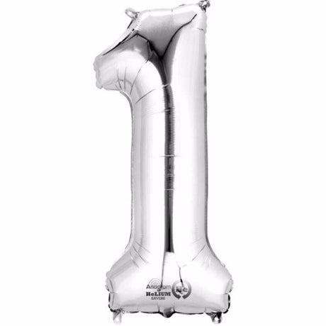 Silver 40cm Number One Megaloon Foil Balloon, ideal for celebrations and easy to inflate with included straw.