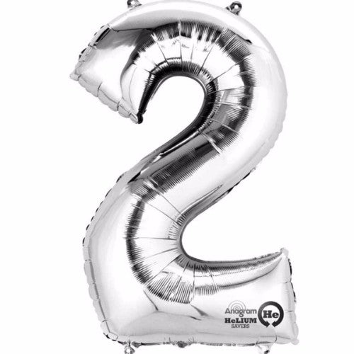 Shiny silver Number Two 40cm foil balloon, perfect for celebrations and easy self-inflation with included straw.