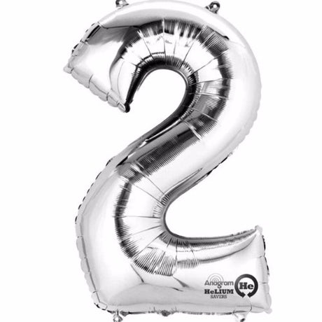 Shiny silver Number Two 40cm foil balloon, perfect for celebrations and easy self-inflation with included straw.