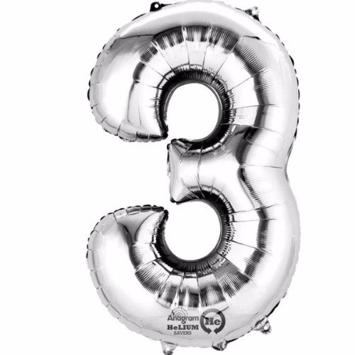 Shiny silver number three megaloon balloon, 40cm, self-sealing for air filling, includes straw for easy inflation.