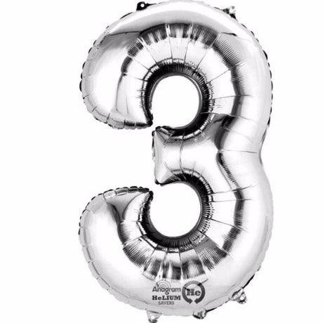 Shiny silver number three megaloon balloon, 40cm, self-sealing for air filling, includes straw for easy inflation.