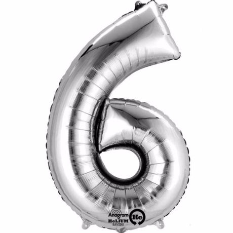 Silver megaloon number six foil balloon, 40cm, self-sealing, air-filled, includes straw for self-inflation.