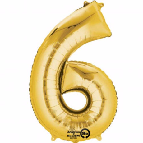 Large 40cm gold number six foil balloon, perfect for celebrations and photo ops, easy air fill with included straw.
