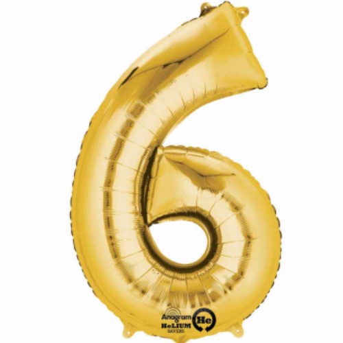 Large 40cm gold number six foil balloon, perfect for celebrations and photo ops, easy air fill with included straw.