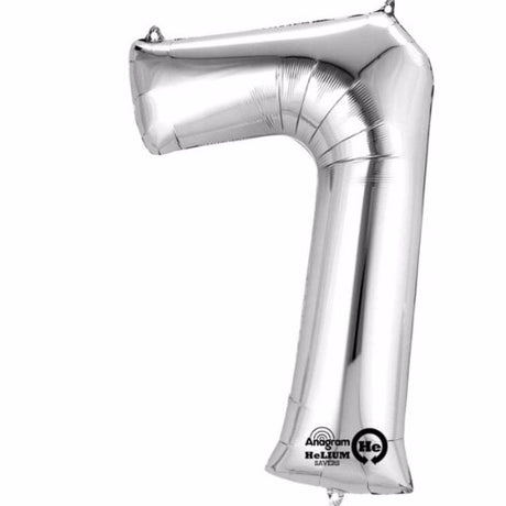 Shiny silver number 7 foil balloon, 40cm, perfect for celebrations and easy air-filled inflation with included straw.