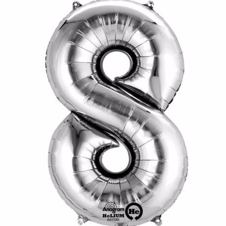 Silver Number Eight 40cm foil balloon, perfect for celebrations, self-inflating with straw, elegant for milestones.