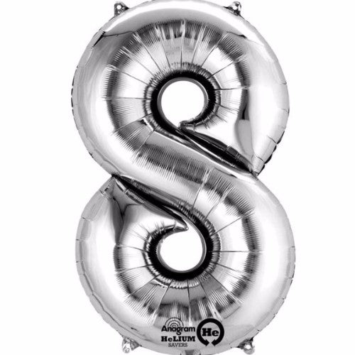 Silver Number Eight 40cm foil balloon, perfect for celebrations, self-inflating with straw, elegant for milestones.