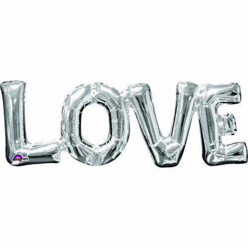 Silver LOVE script balloon, 63cm x 22cm, perfect for romantic celebrations, easy air fill with included straw.