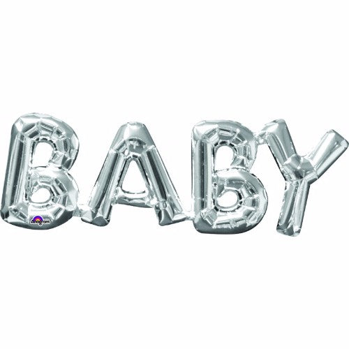 Silver foil BABY script balloon, 66cm x 22cm, perfect for baby showers and celebrations, self-sealing with straw for easy inflation.