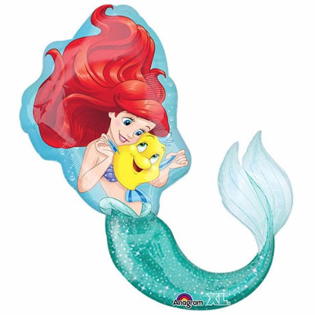 Large Ariel and Flounder foil balloon, 71cm x 86cm, perfect for mermaid-themed parties and celebrations.