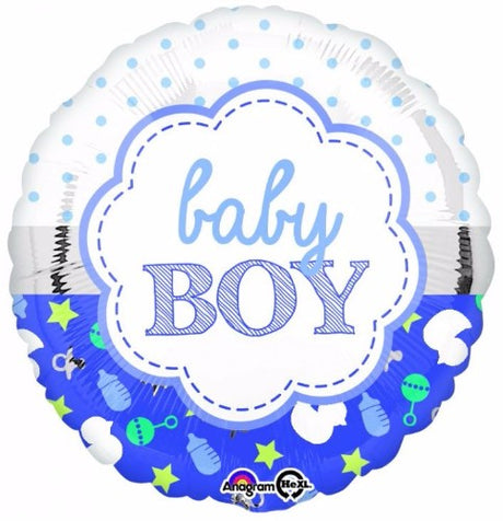 Charming 45cm foil balloon with scallop design, perfect for baby boy celebrations and events.