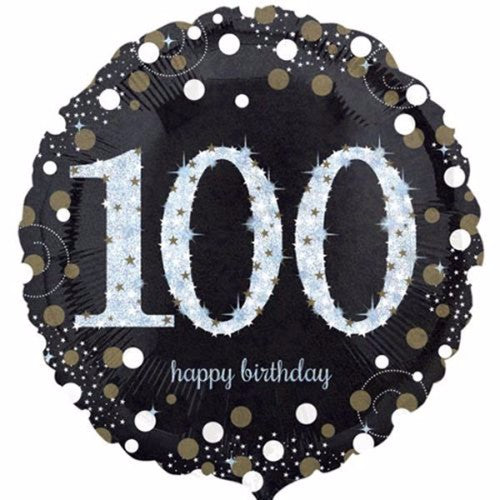 45cm holographic foil balloon for 100th birthday, self-sealing, helium-inflated, sparkly design.